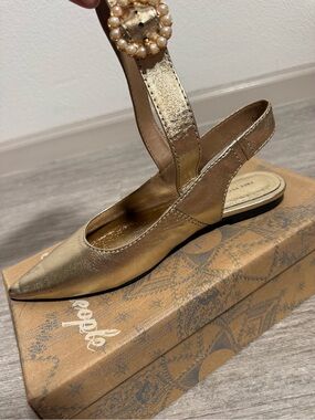 Free People Jules Point Wrap Flats Gold Metallic Pearl Buckle Ballet Shoes 7.5